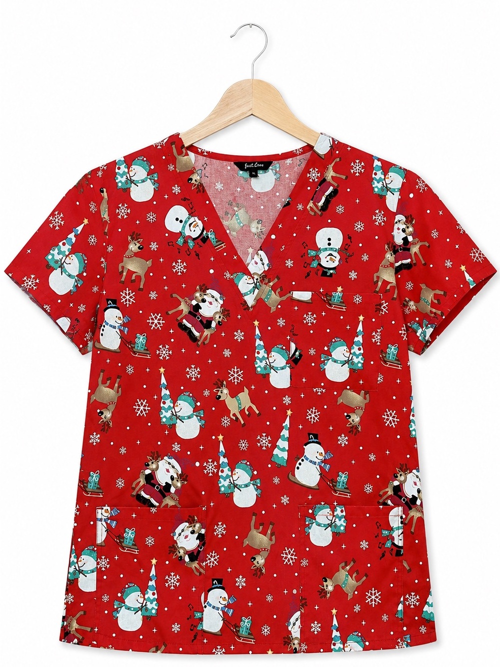 Just Love Christmas Holiday Medical Scrub Top V-Neck Pockets Red Snowman Santa M